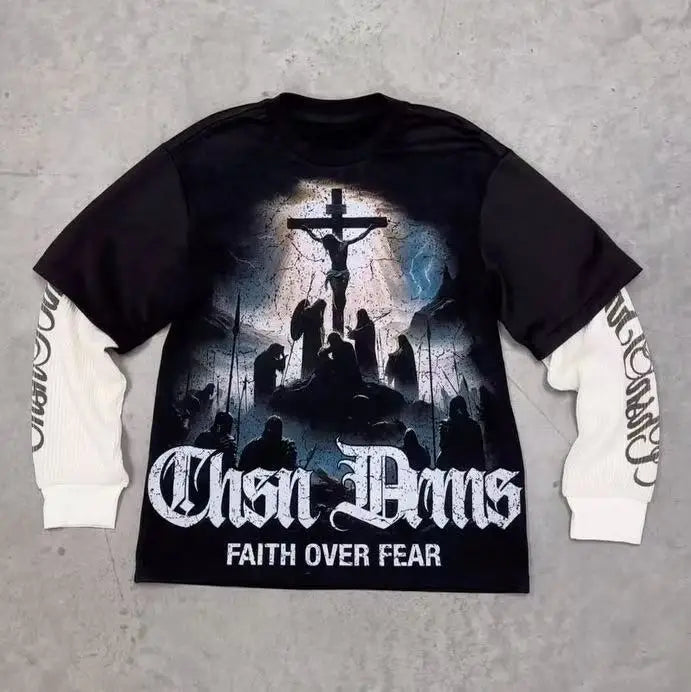 Gothic Fake Two Piece Long Sleeve Red Eye Pattern Spliced T Shirt Autumn Popular Select Dark Punk Fashion Cotton Tops