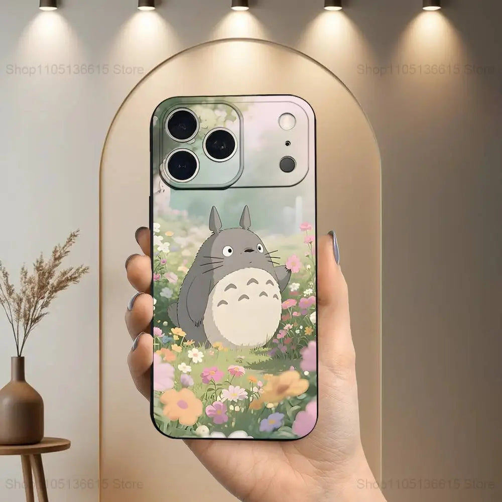 Cute Art T-Totoro Anime Phone Case For iPhone 17,16,15,14,13,12,11 Plus,Pro Max,XS,X,XR,SE,Mini,8,7,Soft Silicone Black