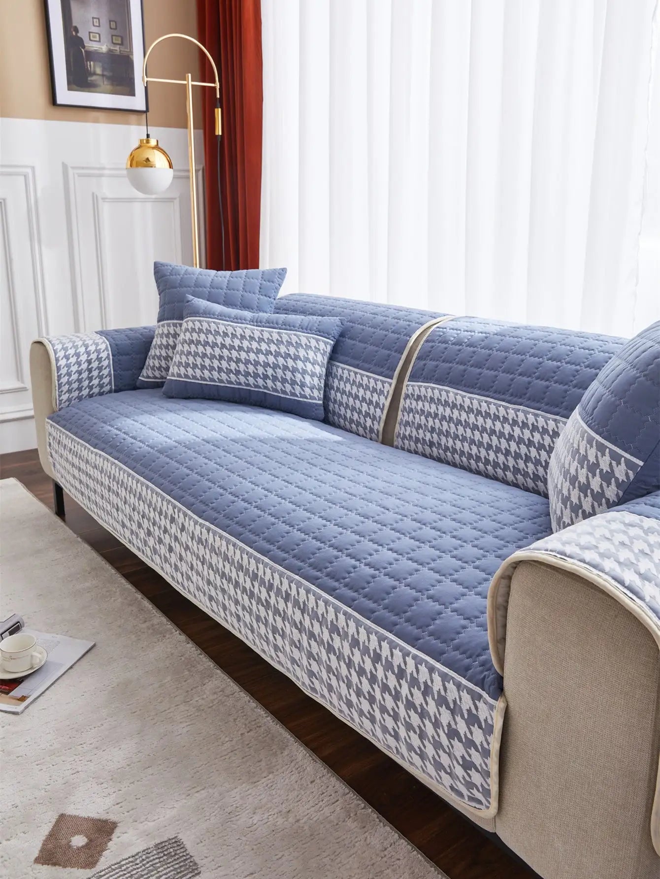 Houndstooth Lace Docor Quilting Sofa Coushion Cover Anti-Slip Sofa Slipcovers for Living Room Couch Seat covers Pet Friendly