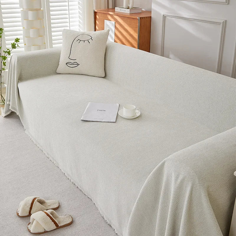 Couch Cover Luxurious Chenille Sofa Covers with Elegant Fringe Herringbone Texture Heavyweight Cozy Blanket for Couch Bed Decor