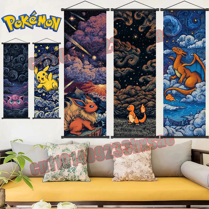Printed Pokemon Poster, Anime Wall Artwork, Gengar Eevee Pikachu Images, Scroll Paintings, Retro Artist Home Living Room Decor