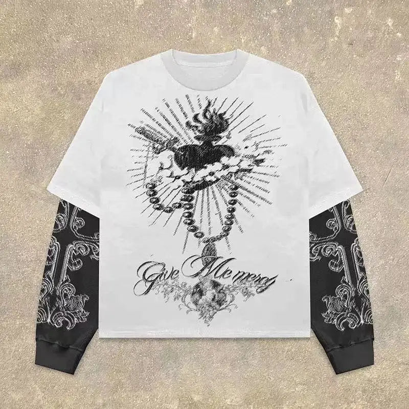 Gothic Fake Two Piece Long Sleeve Red Eye Pattern Spliced T Shirt Autumn Popular Select Dark Punk Fashion Cotton Tops
