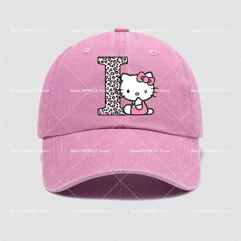 Hello Kitty Cap Cotton Breathable Wash Distressed Hat Cartoon Anime Figure Women Trend Hats Kawaii Letters A-Z Headdress Gift