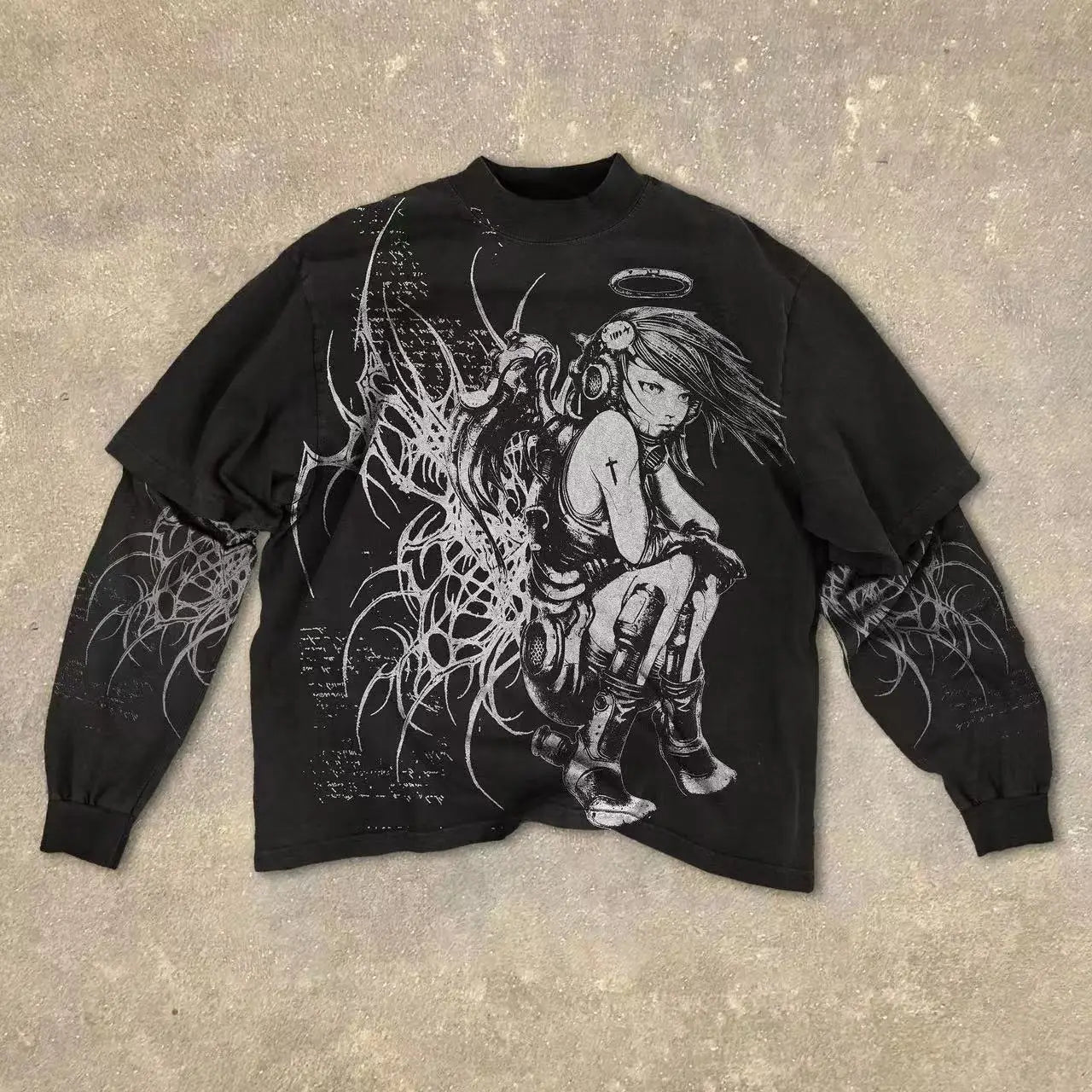 Gothic Fake Two Piece Long Sleeve Red Eye Pattern Spliced T Shirt Autumn Popular Select Dark Punk Fashion Cotton Tops