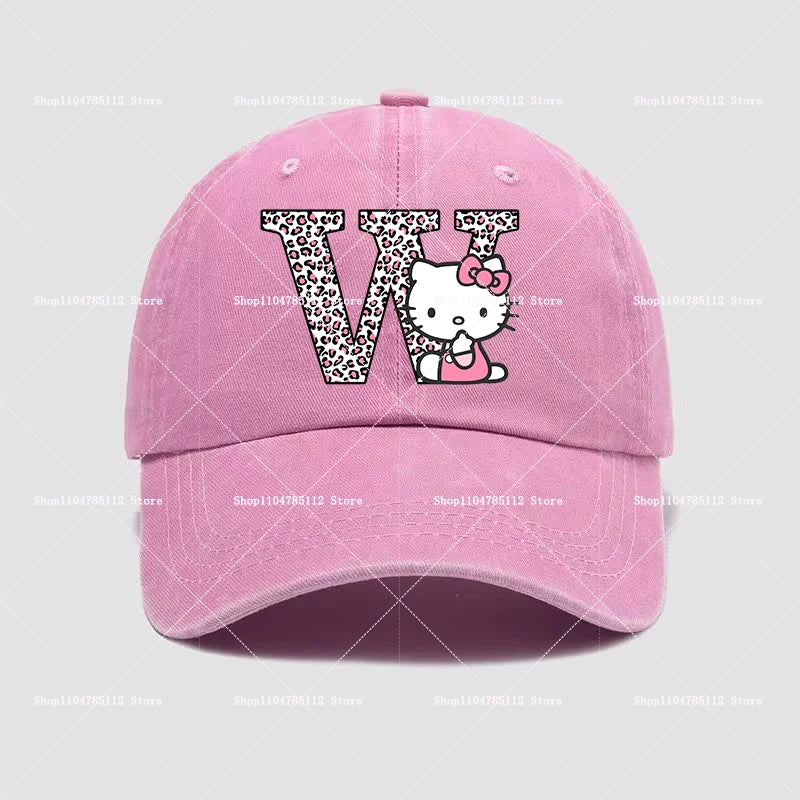Hello Kitty Cap Cotton Breathable Wash Distressed Hat Cartoon Anime Figure Women Trend Hats Kawaii Letters A-Z Headdress Gift