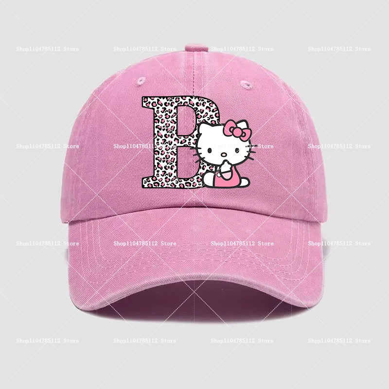 Hello Kitty Cap Cotton Breathable Wash Distressed Hat Cartoon Anime Figure Women Trend Hats Kawaii Letters A-Z Headdress Gift