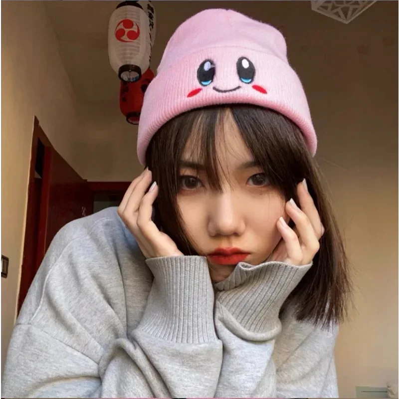 Kawaii Anime Star Kirby Hat Cute Face Eyes Cosplay Keep Warm Knitted Hat Unisex Adult Kids Cap Hip Hop Autumn Winter Kids Gift