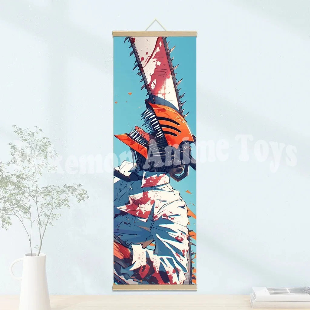 Chainsaw Man Anime Poster Wooden-framed Scroll Painting HD Quality Wall Art Retro Posters for Home Room Wall Decor