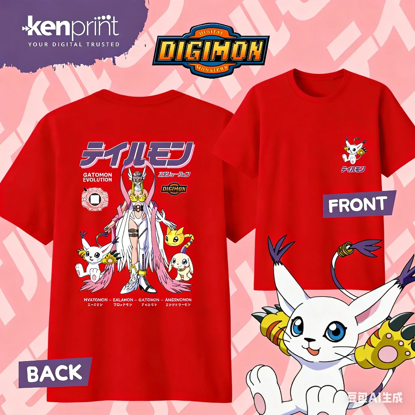 2026 Summer Anime Digimon Gatomon Evolution Printed Cotton T-shirt Kids/Men's/Women's Harajuku Clothing Fashion Casual T-shirt