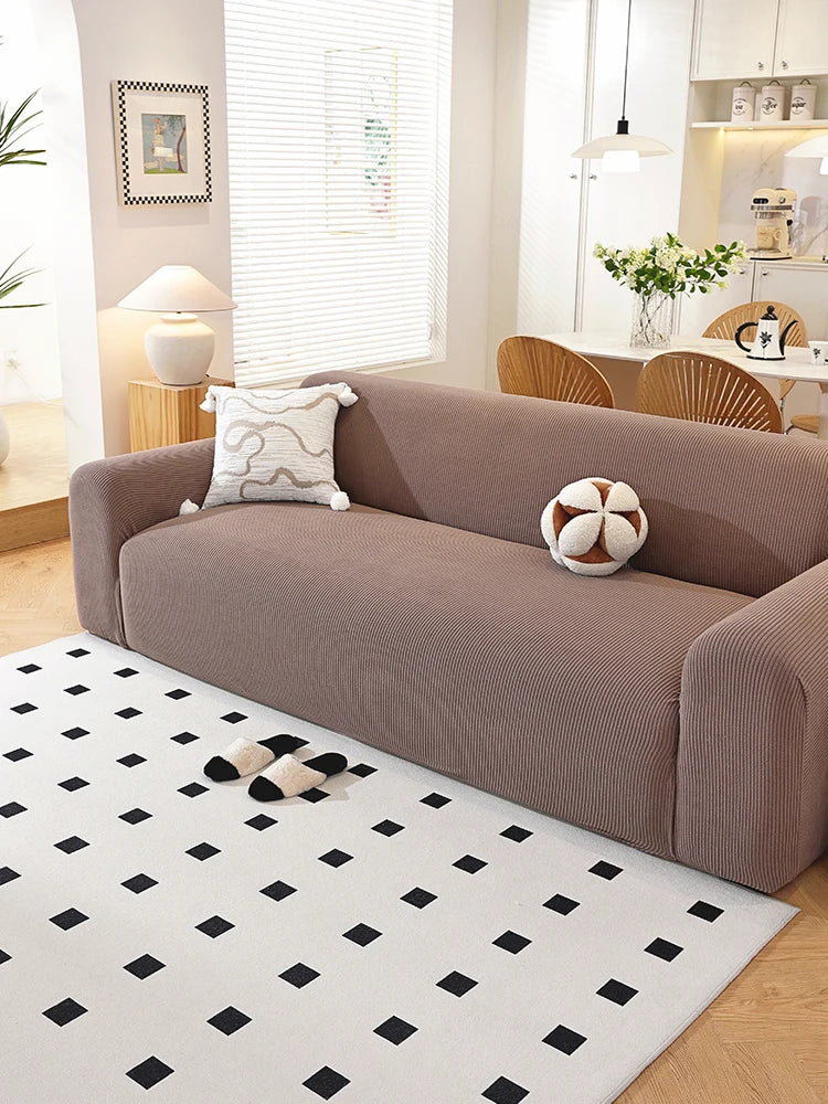 Solid color sofa cover with elastic band design, removable and machine washable, high elasticity, full coverage dust cover