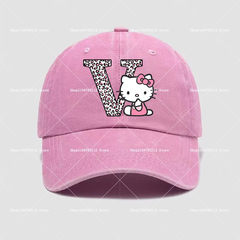 Hello Kitty Cap Cotton Breathable Wash Distressed Hat Cartoon Anime Figure Women Trend Hats Kawaii Letters A-Z Headdress Gift