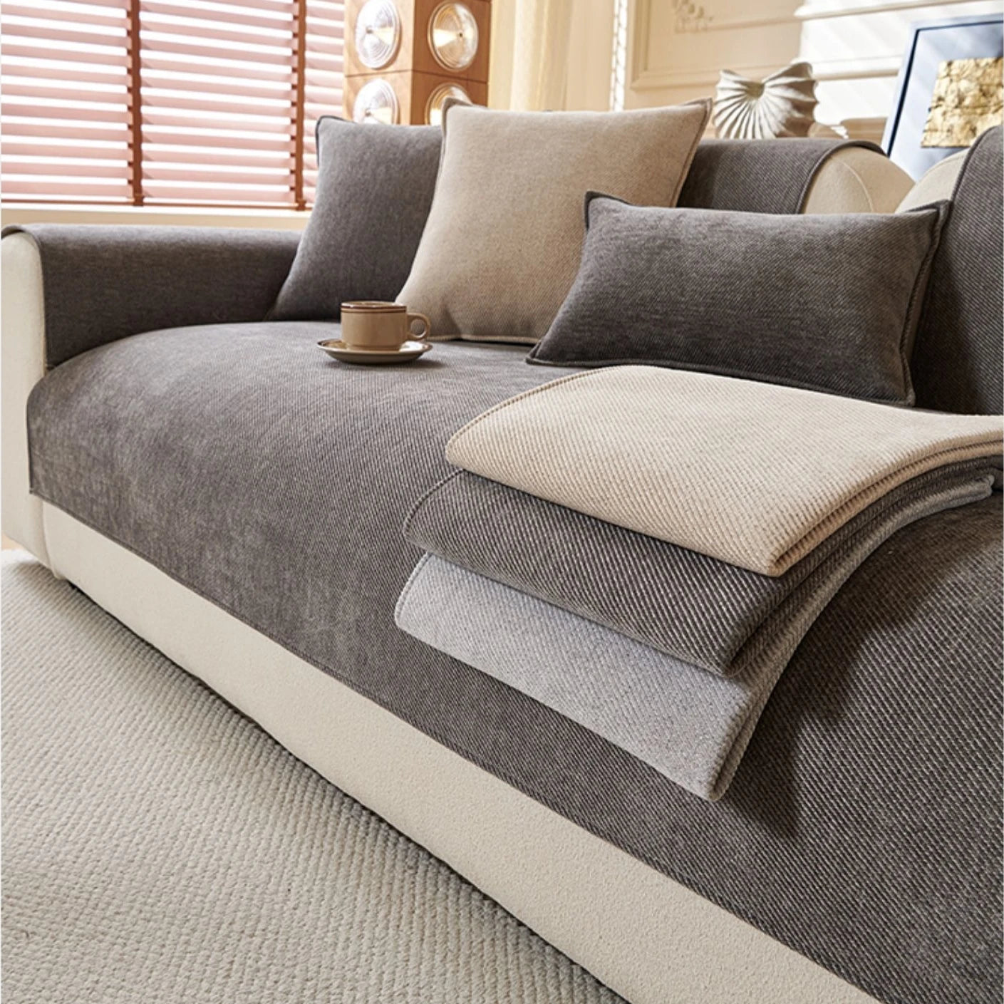 Minimalist Twill Chenille Anti-Slip Sofa Cover for All Seasons Living Room Furniture Decor Couch Cushion Cover Slipcover