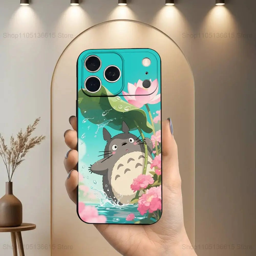 Cute Art T-Totoro Anime Phone Case For iPhone 17,16,15,14,13,12,11 Plus,Pro Max,XS,X,XR,SE,Mini,8,7,Soft Silicone Black