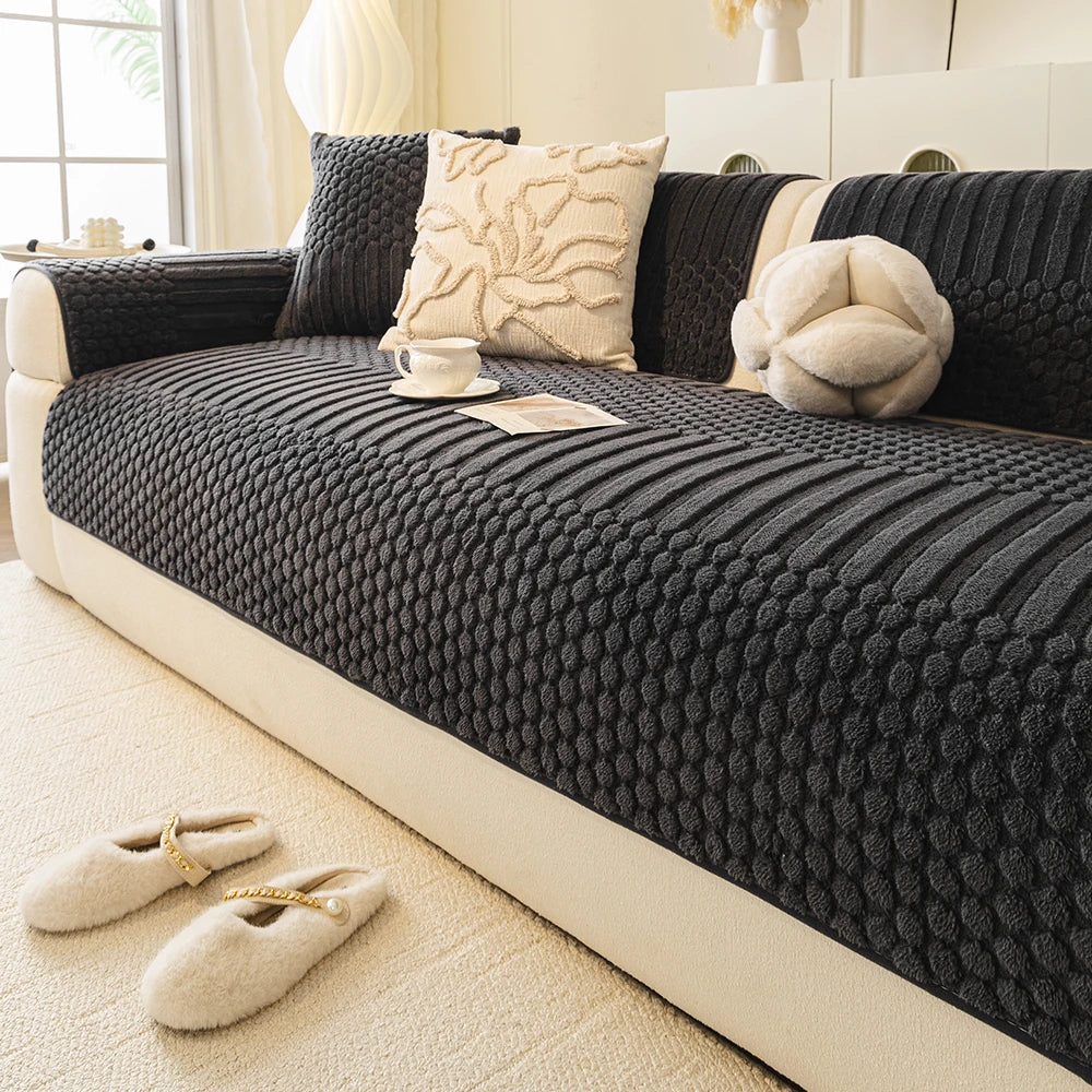 Thicken Warm Geometric Jacquard Fleece Anti-Slip Sofa Cover for Living Room Couch Seat Cover Warm Solid Tuffed Fleece Sofa Towel