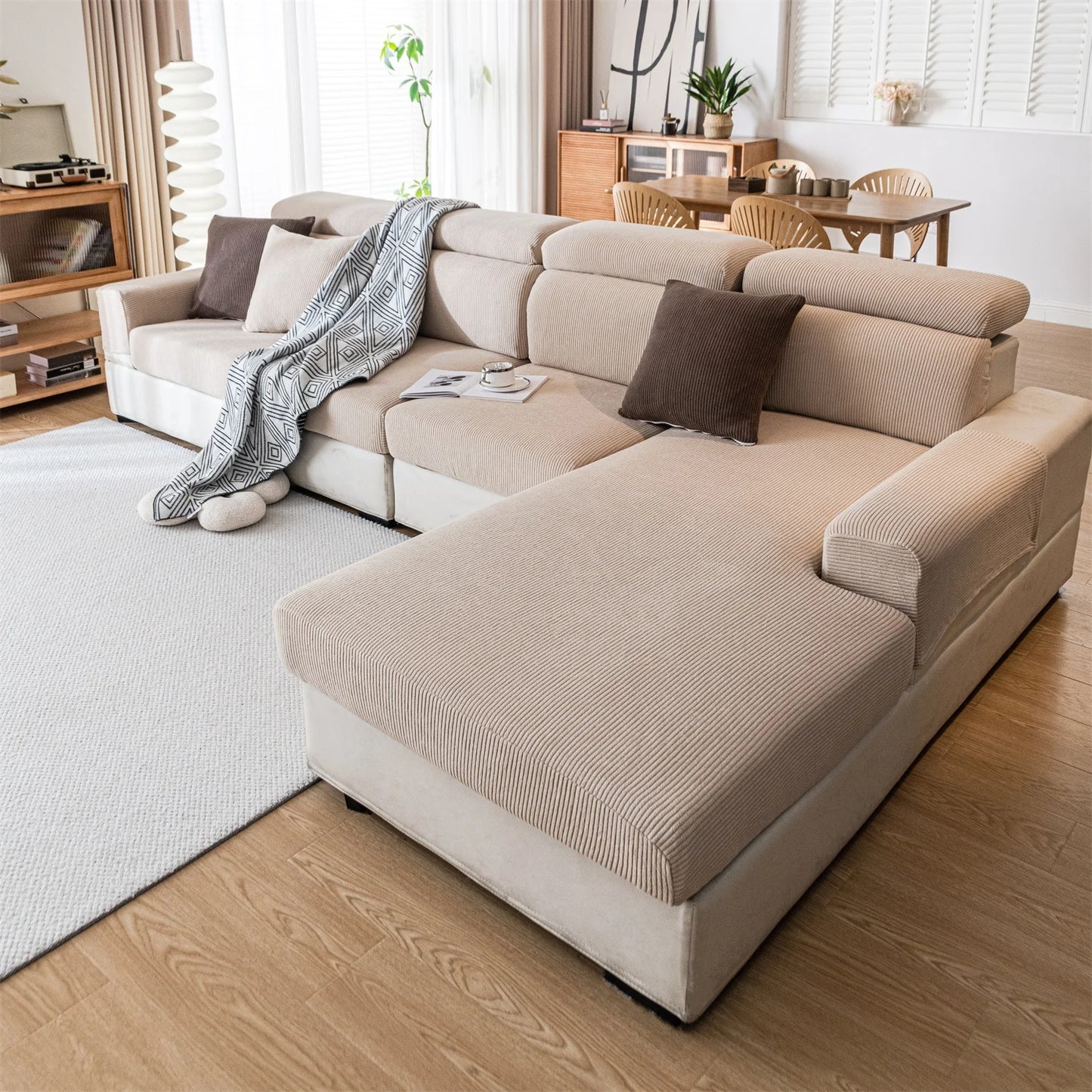 Thicken Stripe Jacquard Stretch Removable Sofa Seat Cushion Cover Washable for Living Room Kids Pets Furniture Protector