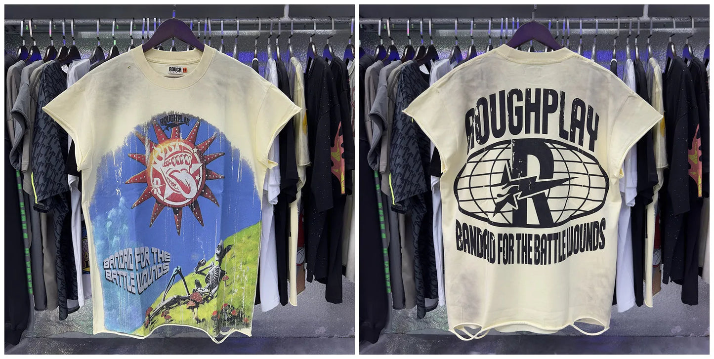 New Rough Play hotfix rhinestone and Printed Pattern T-shirt Men/Women Loose sleeveless Tops 100% Cotton Casual T-shirt