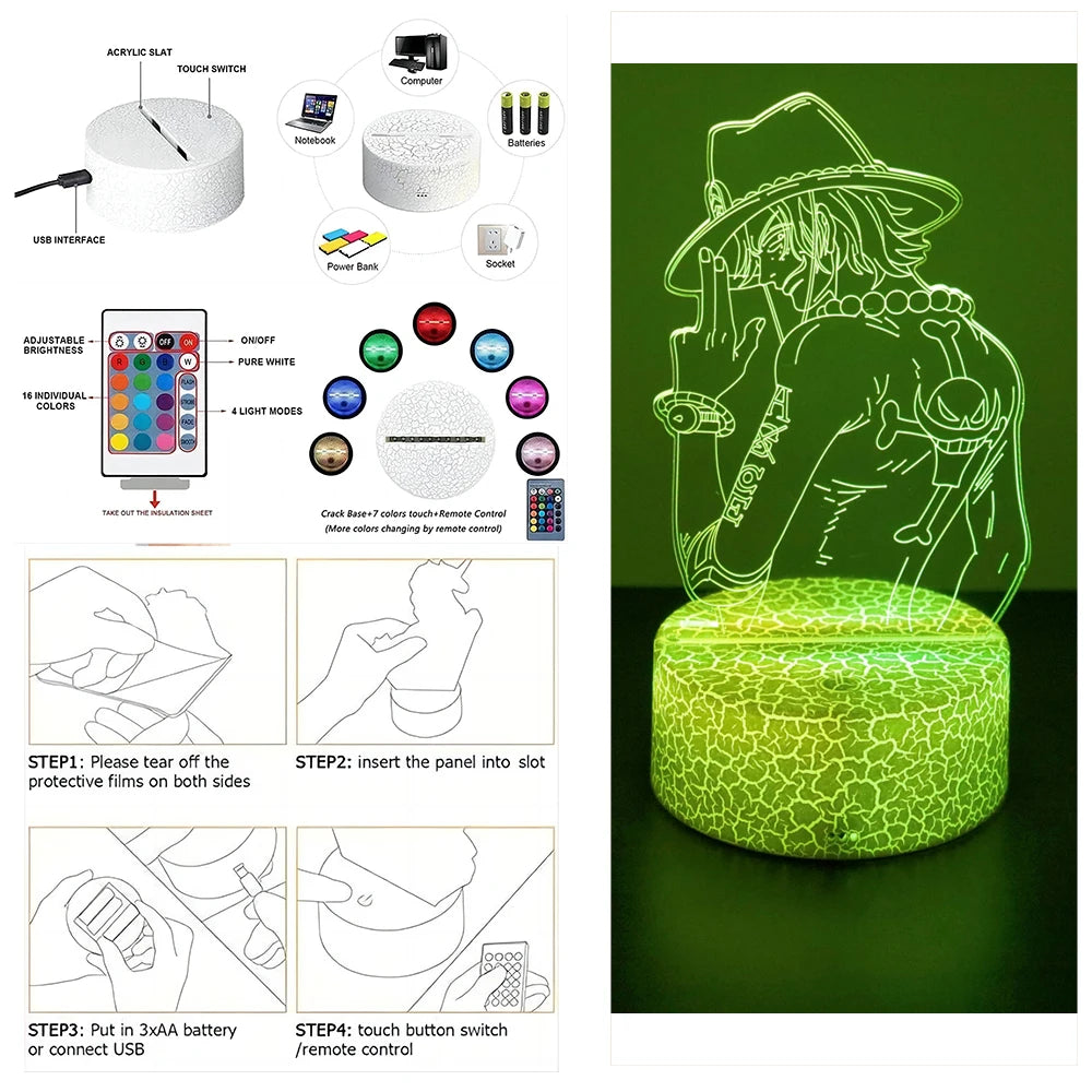 One Piece Zoro Luffy Nami Anime Night Lights Action Figure 3D LED Color Changing Toys Doll Usopp Sanji Chopper Hancock Xmas Gift