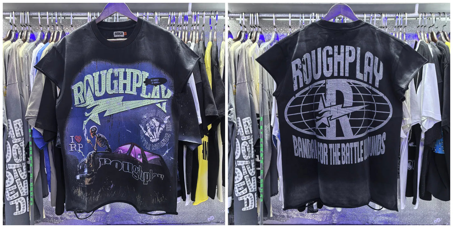 New Rough Play hotfix rhinestone and Printed Pattern T-shirt Men/Women Loose sleeveless Tops 100% Cotton Casual T-shirt