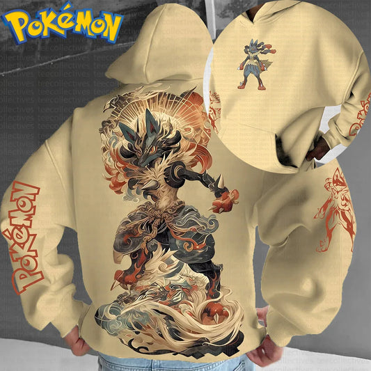 Pokemon Anime Cotton Hoodie Gray Color Character Print with Multi Color Flame Dragon Creature Pattern Casual Streetwear