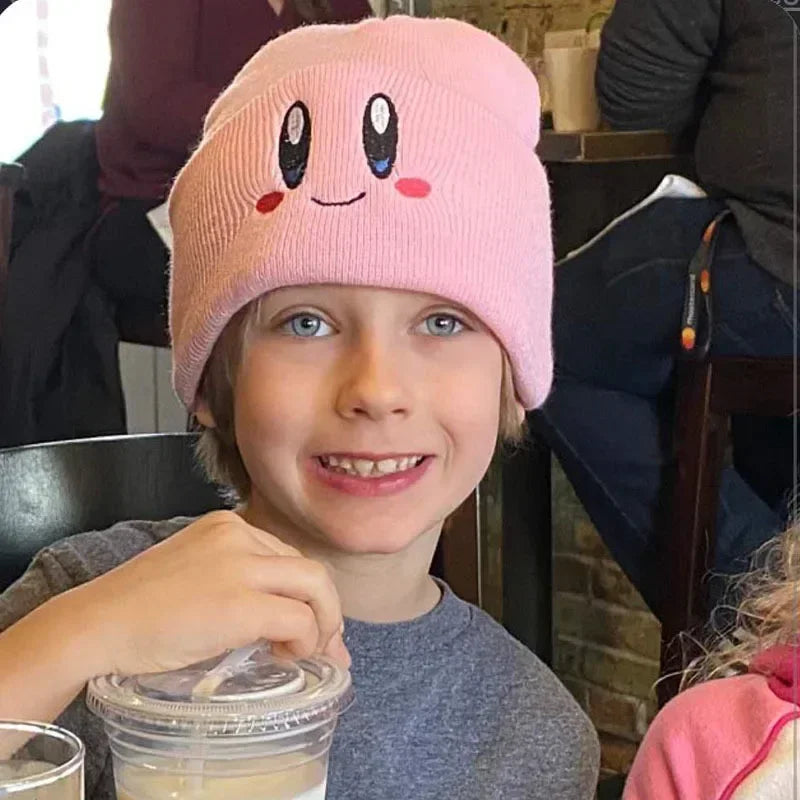 Kawaii Anime Star Kirby Hat Cute Face Eyes Cosplay Keep Warm Knitted Hat Unisex Adult Kids Cap Hip Hop Autumn Winter Kids Gift