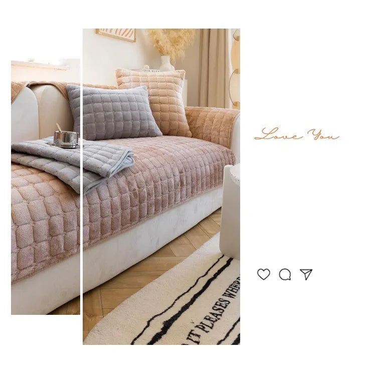 Plush plaid sofa cushion non-slip four seasons universal living room sofa cover simple modern thickened velvet cushion towel