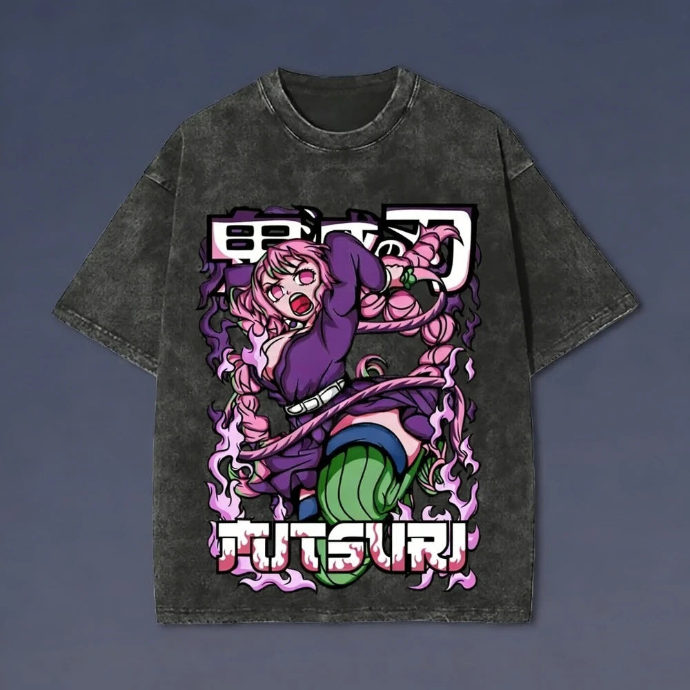 Demon Slayer Men's and Women's Washed T-Shirt Sanemi Shinazugawa Summer Spring Anime Tee Retro Distressed High-end Short Sleeve