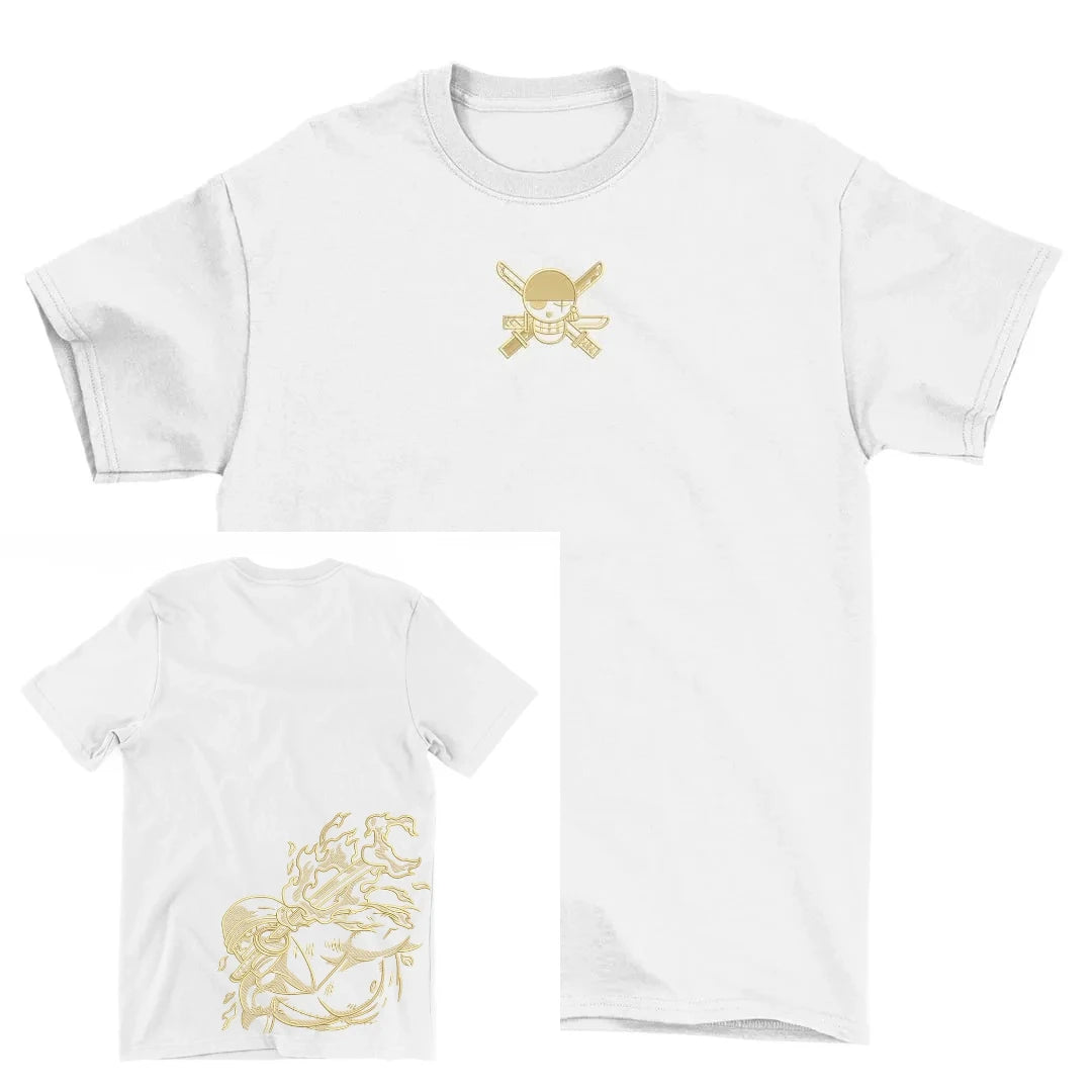 New Year Hot Sale One Piece Anime T-shirt with Luffy Zoro Skull Pirate Logo Gold Thread Art Print Round Neck Summer Fashion