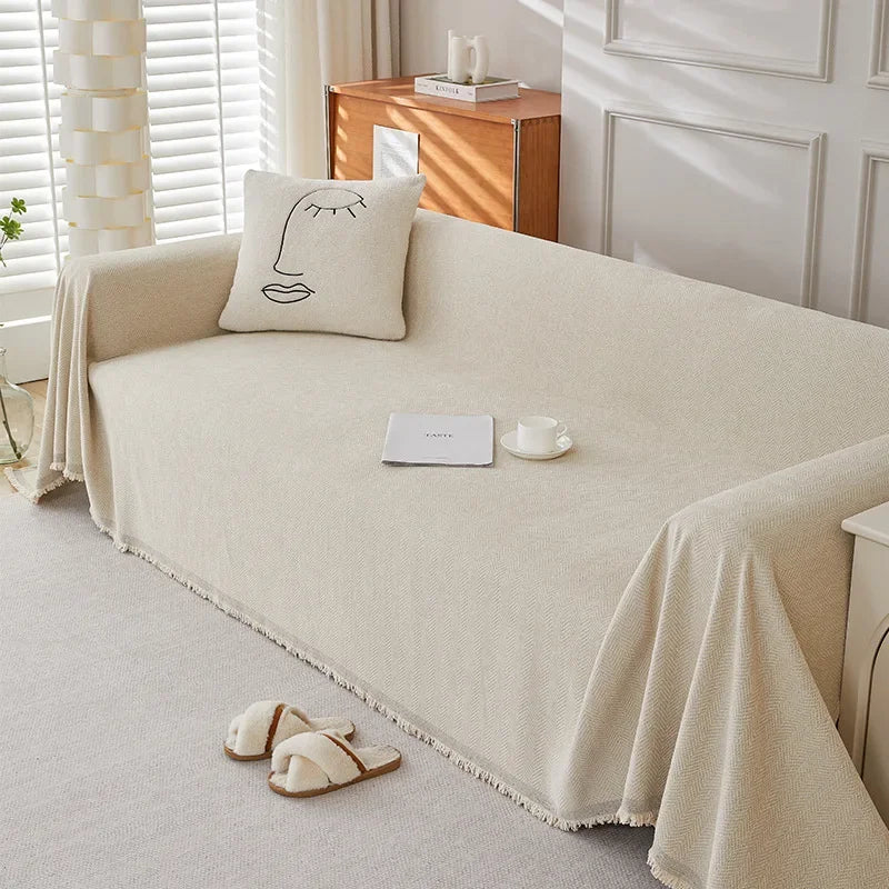 Couch Cover Luxurious Chenille Sofa Covers with Elegant Fringe Herringbone Texture Heavyweight Cozy Blanket for Couch Bed Decor
