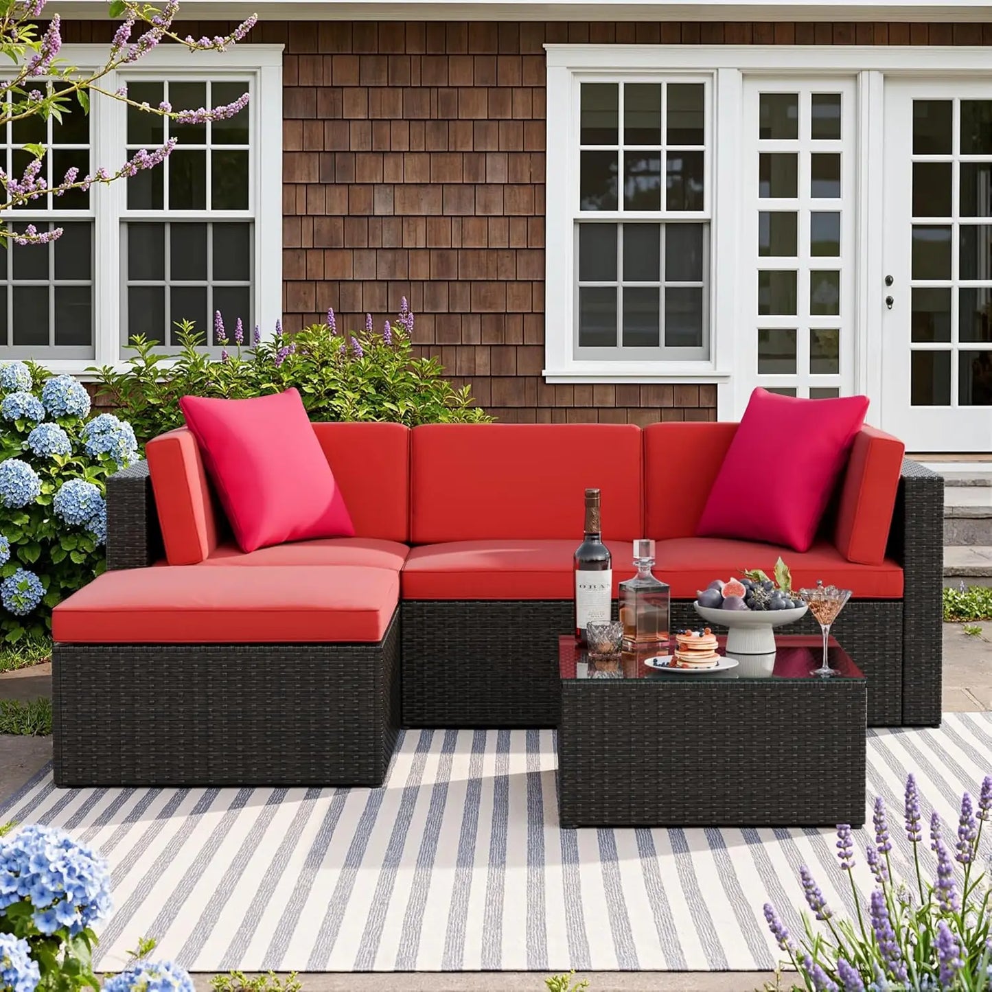 5pc All-Weather Outdoor Sectional Patio Sofa PE Rattan Conversation Set with Cushions & Glass Table, Customized