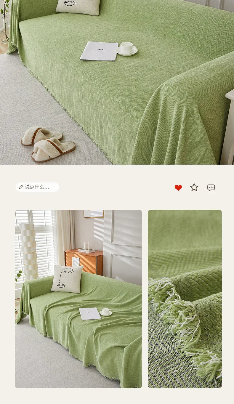 Couch Cover Luxurious Chenille Sofa Covers with Elegant Fringe Herringbone Texture Heavyweight Cozy Blanket for Couch Bed Decor