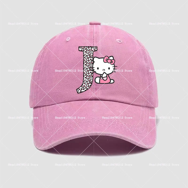 Hello Kitty Cap Cotton Breathable Wash Distressed Hat Cartoon Anime Figure Women Trend Hats Kawaii Letters A-Z Headdress Gift