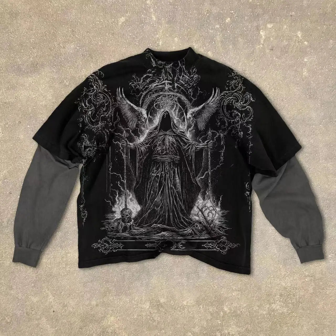 Gothic Fake Two Piece Long Sleeve Red Eye Pattern Spliced T Shirt Autumn Popular Select Dark Punk Fashion Cotton Tops