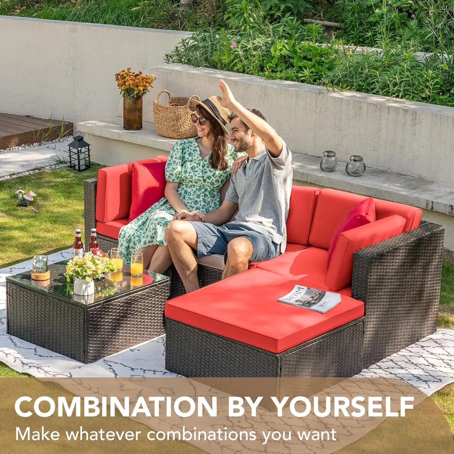 5pc All-Weather Outdoor Sectional Patio Sofa PE Rattan Conversation Set with Cushions & Glass Table, Customized