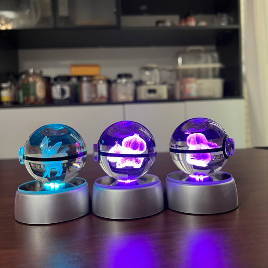 Pokemon 3D Crystal Ball Pikachu Gengar Eevee Mewtwo Anime Game Pokeball Led Night Light Base Kids Birthday Gift Home Decoration