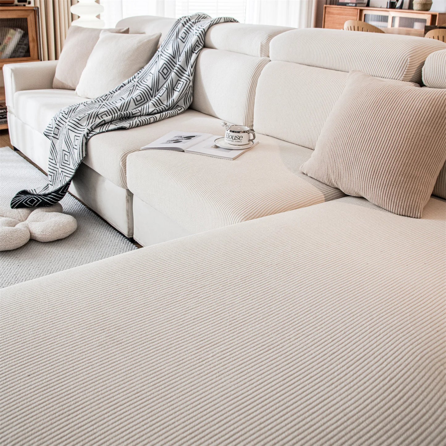 Thicken Stripe Jacquard Stretch Removable Sofa Seat Cushion Cover Washable for Living Room Kids Pets Furniture Protector