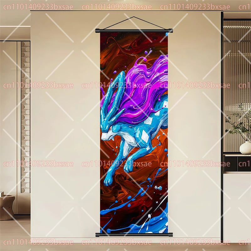 Pokémon Anime HD Scroll Painting Eevee Pikachu Suicune Charizard Mewtwo Background Wall Art Decoration Poster Children's Gift