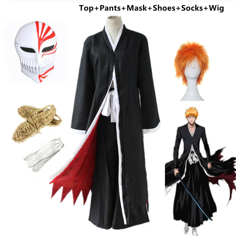 Anime Ichigo Kurosaki Cosplay Holloween Costumes Mask Tops And Pants Halloween Set For Men
