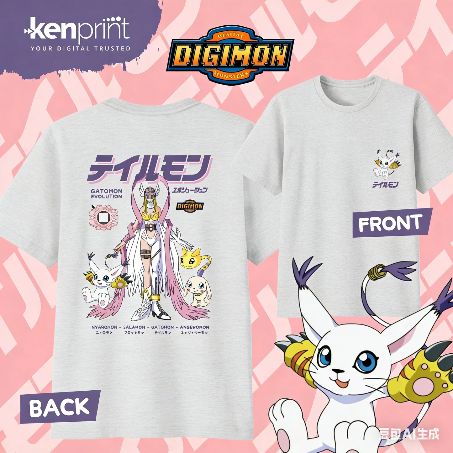 2026 Summer Anime Digimon Gatomon Evolution Printed Cotton T-shirt Kids/Men's/Women's Harajuku Clothing Fashion Casual T-shirt