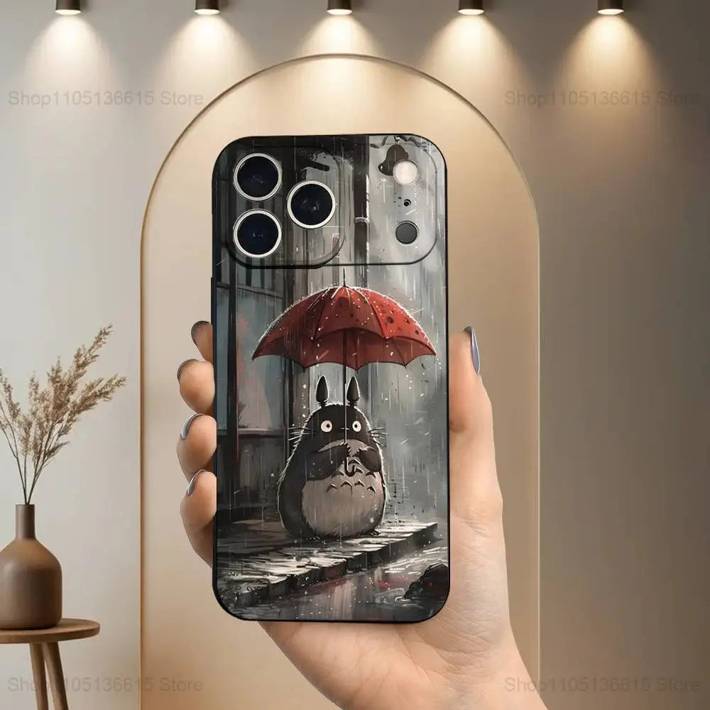 Cute Art T-Totoro Anime Phone Case For iPhone 17,16,15,14,13,12,11 Plus,Pro Max,XS,X,XR,SE,Mini,8,7,Soft Silicone Black