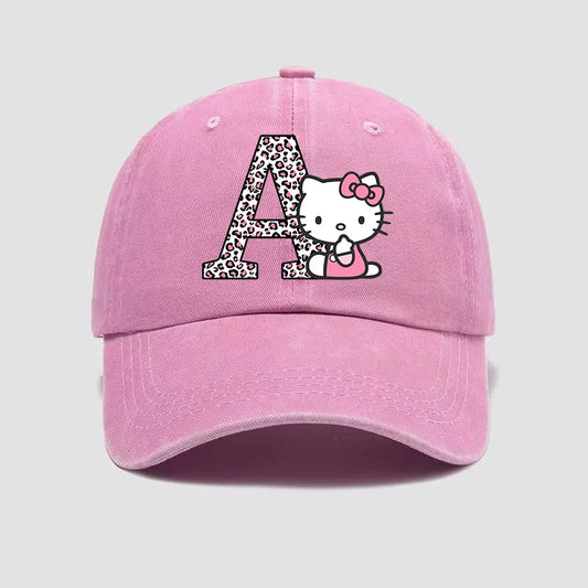 Hello Kitty Cap Cotton Breathable Wash Distressed Hat Cartoon Anime Figure Women Trend Hats Kawaii Letters A-Z Headdress Gift