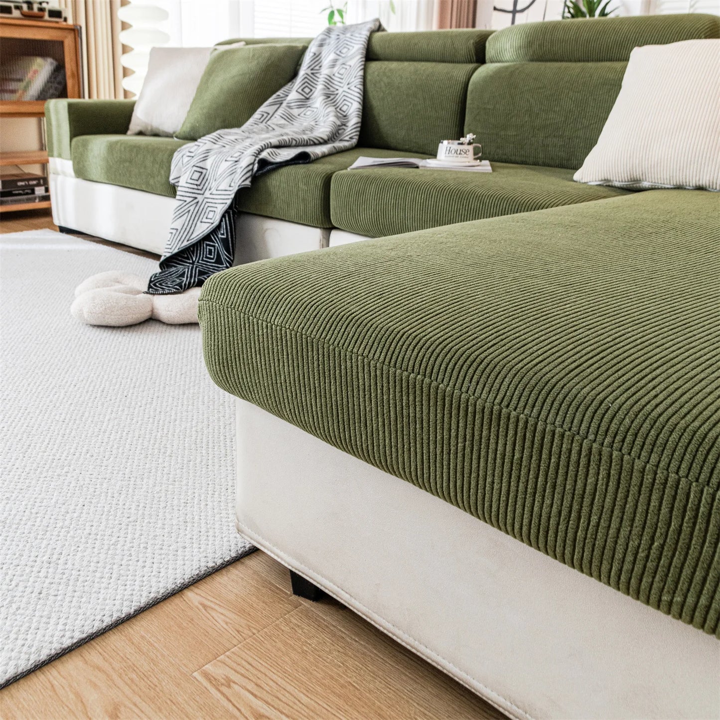 Thicken Stripe Jacquard Stretch Removable Sofa Seat Cushion Cover Washable for Living Room Kids Pets Furniture Protector
