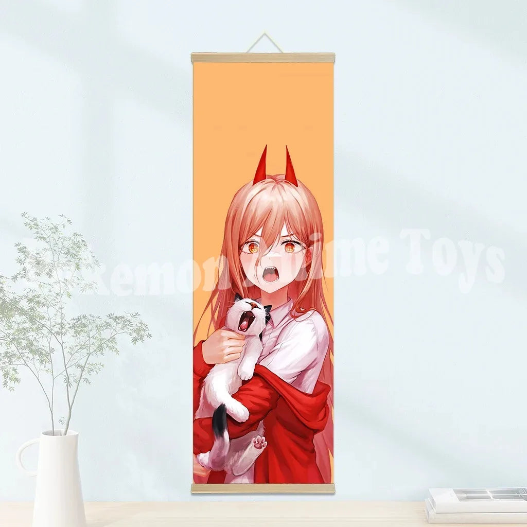 Chainsaw Man Anime Poster Wooden-framed Scroll Painting HD Quality Wall Art Retro Posters for Home Room Wall Decor