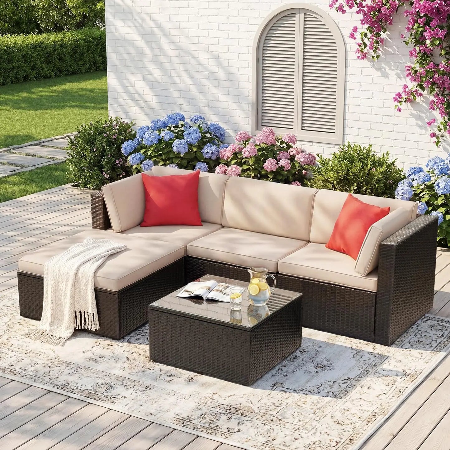 5pc All-Weather Outdoor Sectional Patio Sofa PE Rattan Conversation Set with Cushions & Glass Table, Customized