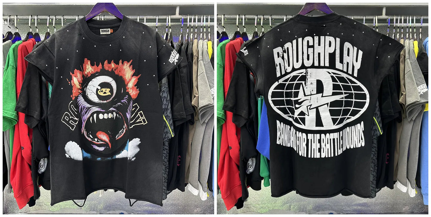 New Rough Play hotfix rhinestone and Printed Pattern T-shirt Men/Women Loose sleeveless Tops 100% Cotton Casual T-shirt