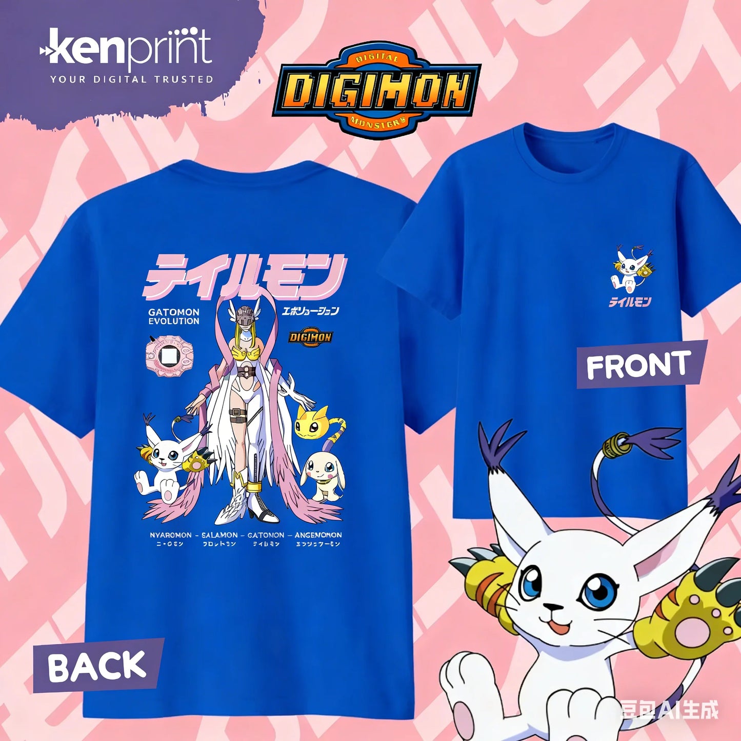 2026 Summer Anime Digimon Gatomon Evolution Printed Cotton T-shirt Kids/Men's/Women's Harajuku Clothing Fashion Casual T-shirt