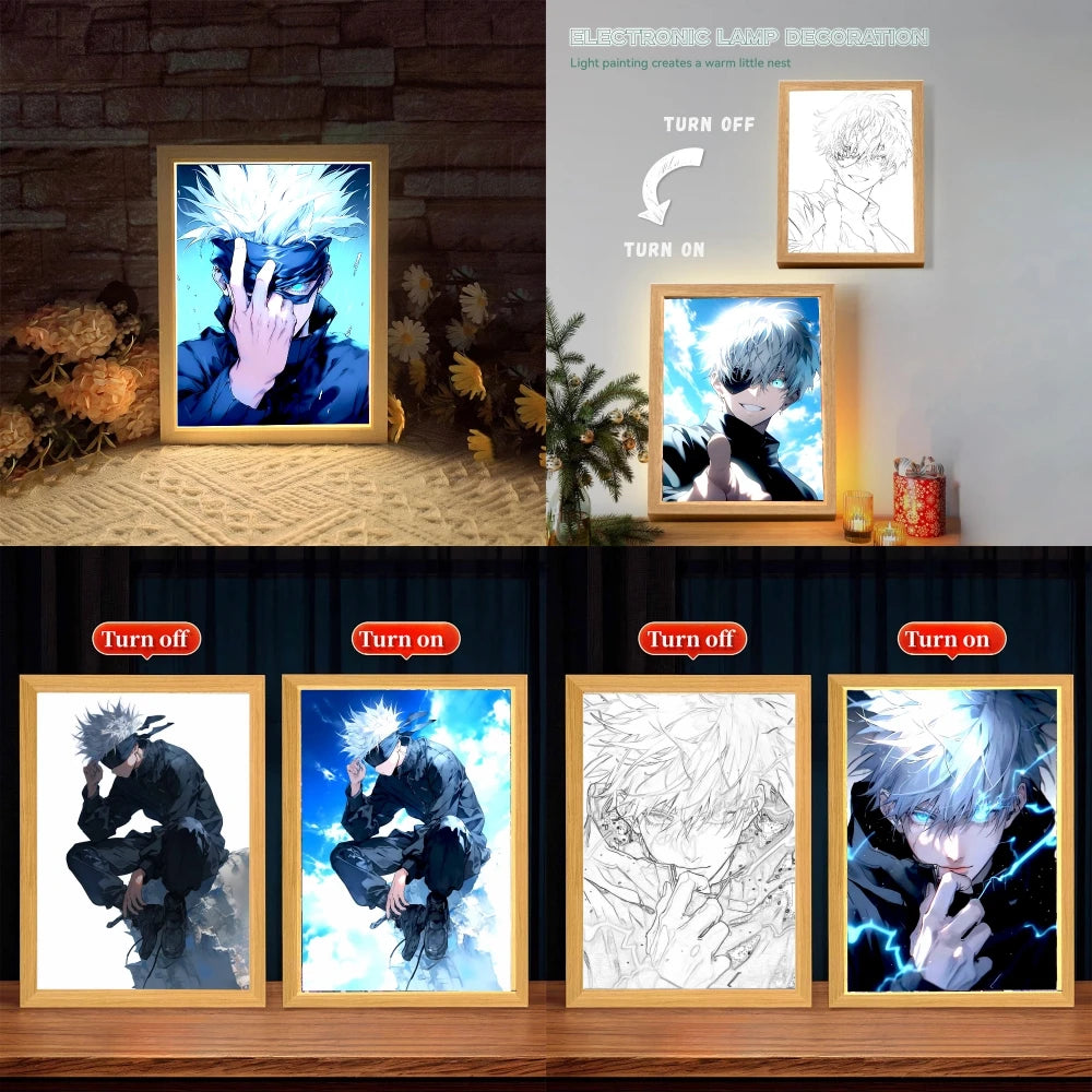 Anime Figure Jujutsu Kaisen Light Painting Photo Frame Action Figures Satoru Gojo Led Night Light Bedroom Decor Gifts Moon Lamp