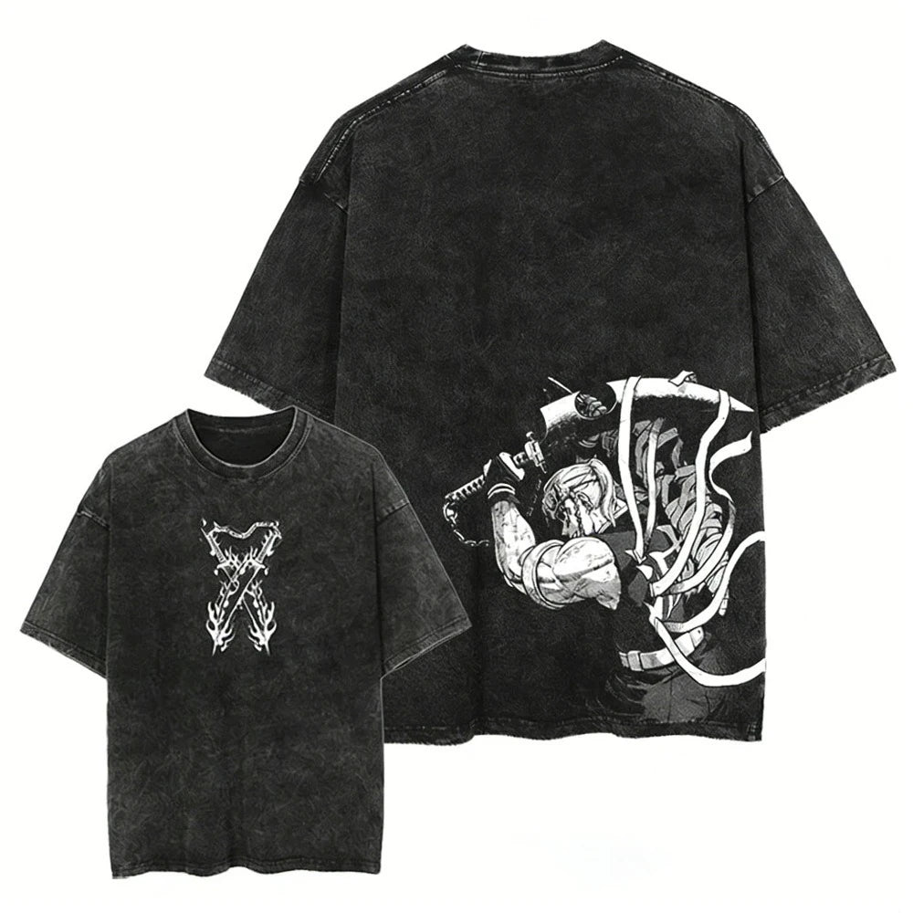 Demon Slayer Men's and Women's Washed T-Shirt Sanemi Shinazugawa Summer Spring Anime Tee Retro Distressed High-end Short Sleeve
