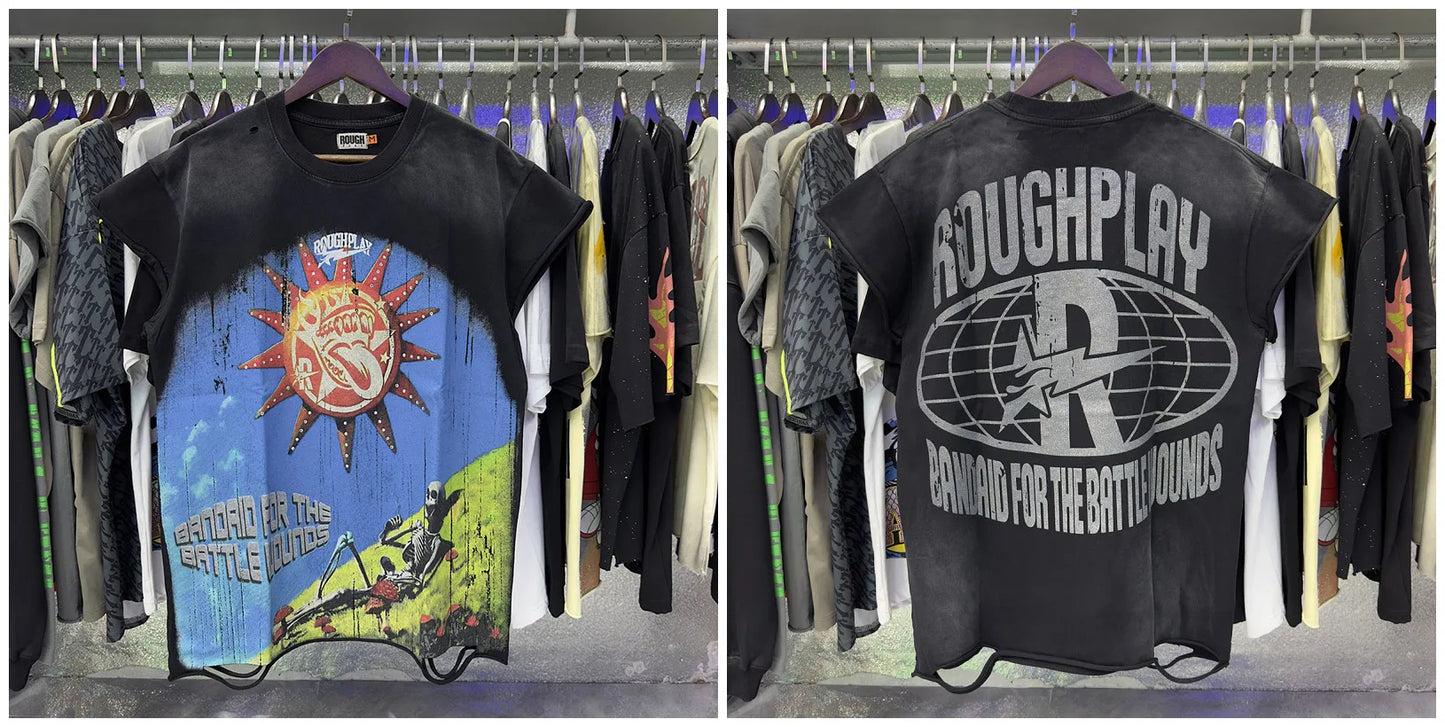New Rough Play hotfix rhinestone and Printed Pattern T-shirt Men/Women Loose sleeveless Tops 100% Cotton Casual T-shirt