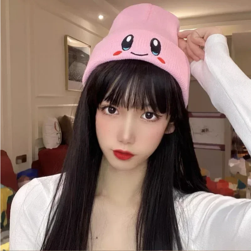 Kawaii Anime Star Kirby Hat Cute Face Eyes Cosplay Keep Warm Knitted Hat Unisex Adult Kids Cap Hip Hop Autumn Winter Kids Gift