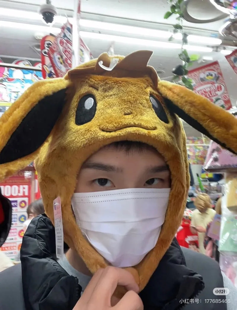 New Cartoon Cute Doll Pokemon Airbag Hat Pinch Ears Moving Hat Winter Warm Hat Children'S Christmas Gift